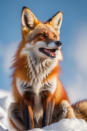 Ultra detailed realistc photo taken from below 35 degrees angle to the right, 8k, a close up in a happy red fox, sitting over a stone, howling at the sky, snow background, shiny red and white fur, bright beautyfull eyes.