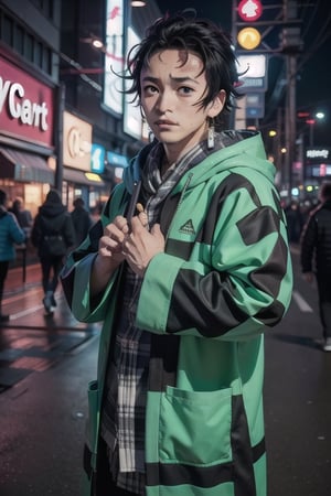 Ultra detailed shot of kamado_tanjirou looking fatigued, in a cyberpunk blue neon city street, carring a heavy rifle with both hands,  wearing a plaid long hooded robe in green and black colors ,kamado_tanjirou, Male focus