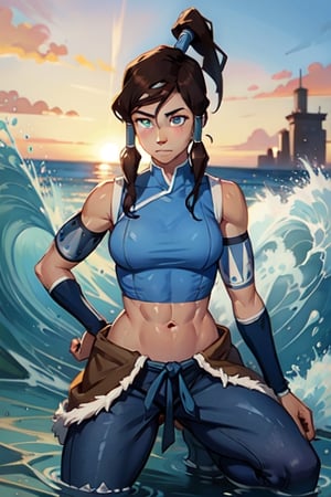 painting in water color, Full body Graffiti art of korra bending water, two hairs tubes and one ponytail tube , surrounded by waves, black skin, wearing a blue and white vest with black bracelets blue and white leggins, ripped abs, big well rounded thighs, (dark_skin), tanned, korra,girl, art by stanley artgerm lau,korra