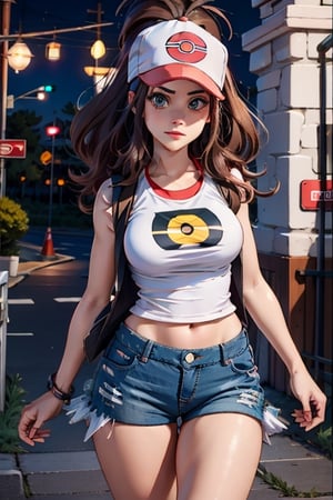 Ultra detailed panoramic shot of hilda, big well rounded thighs, with a black vest, white cropped t shirt, blue jeans shorts, whearing a red and white cap, inside a pokemon center, girl, Hilda (pokemon)