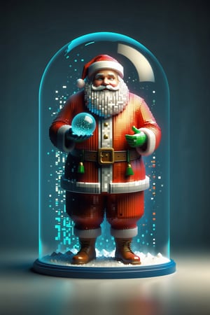 colorful wireframe pixel chubby Santa Claus, holding a snow globe with falling snow dissolving into pixels,pixel snow, cinematic, volumetric dramatic lighting, 
Winter, the realm of eternal ice, smiling, surrounded with piles of presents, intricate,Matrix code,3D Mesh