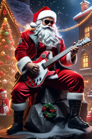 (best quality:1.33),  (masterpiece:1.42), (detailed:1.15),  (high_res), punk rock Santa Claus playing a eletric guitar on a christmas themed rock stage show, more detail XL, Apoloniasxmasbox,cyberpunk style, action pose