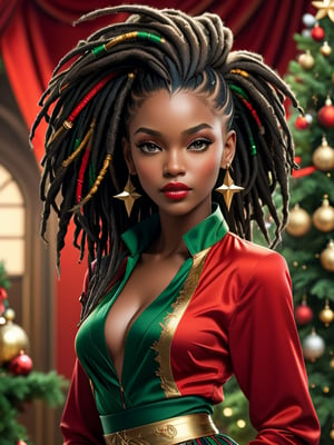 (best quality:1.33),  (masterpiece:1.42),  (realistic:1.24),  (detailed:1.15),  (high_res) ebony 1girl, dread hair, super colorful, sharp,   8K,dynamic viewing angle,  hyperdetailed; in the style of Michael Parkes,more detail XL, wearing stylist christmas clothes
