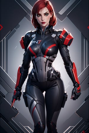 Ultra detailed shot of Jane shepard full body N7I armor in black and, with red and white stripes holding up a high tecnological rifle, muscular fit body, big well rounded thighs ,Jane,girl