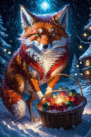 Hyper-detailed painting, Jean-Baptiste Glass Style, a fire fox in animal form in the snow dressed as santa claus, carring a christmas basket, splash, glittering, filigree, lights, fluffy, magic, surreal, fantasy, glass art, ultra hd, hyper-realistic, vivid colors, UHD, cinematic perfect light, greg rutkowski