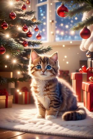 (masterpiece), (detailed eyes), (high detailed),Winter style, cute kitten smiling to the camera, in front of a christmas tree, warm cozy atmosphere, pixiv, fun, depth of field,illumination background,reflection, inside sparkling,hologram, cute, pixar, glen keane, marc simonetti & yoji shinkawa & wlop, beautiful, uplifting and heartwarming, contest winner
