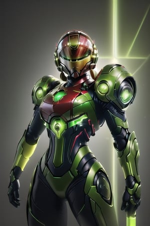 (best quality:1.33),  (masterpiece:1.42), (detailed:1.15),  (high_res), ultra realistic, pop art, style, high_resolution, high detail, shiny, full body shot of metroid armor with full mechanic red and golden metroid dread armor with green details, charging her arm canon, green neon glow, action pose, helmet with y shaped green neon visor, samus