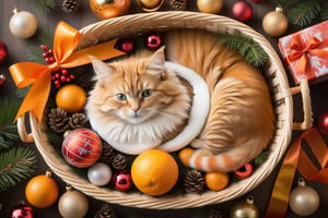 A ultra detailed top view of a wealthy christmas basket with a orange cat laid down inside it with his tummy up waiting to be petted.