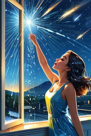 (best quality:1.33),  (masterpiece:1.42), (detailed:1.15),  (high_res), ultra realistic draw, pop art, style, high_resolution, high detail, shiny, close up shot of a window with rainning water running down it, night sky reflect at the window glass, huge shine shooting star falling from sky reflected at the window glass, a girl with one hand t the windows,samdoesart,EpicSky