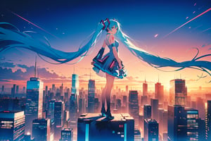 big dress Hatsune Miku anzhcmiku, standing on the top floor of skyscraper, dark cyberpunk background, distant view from the right side