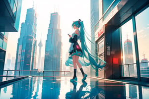 big dress Hatsune Miku anzhcmiku, standing on the glass platform on the top of very high building,cyberpunk Hangzhou background, distant view from the right side, no roof, no rail