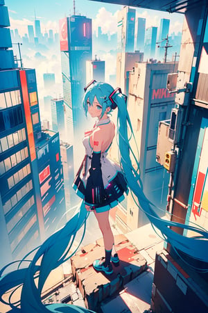 big dress Hatsune Miku anzhcmiku, standing on the top of very high building, looking at far side, cyberpunk background, distant top-down view from the right side