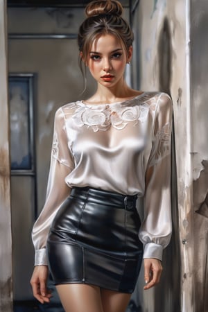 beautiful woman of the 21st century, brown-haired in a bun, in a long sleeve silk blouse, knee_long silk skirt, pantyhose, high heels, large breasts, sexy, dirty garbage hideout, watercolor, drawing, ink , engraving, photo portrait, photoreali ,sm, digital art, high detail, many details, dynamism, bohemian aesthetics, high quality, work of art, hyperdetailed, filigree, haze, superdetailed, (dirty dark garbage public toilet), hyperrealism, correcting the evil eye, random angle , 32k, BDSM, (torn blouse), (dirty Clothes)