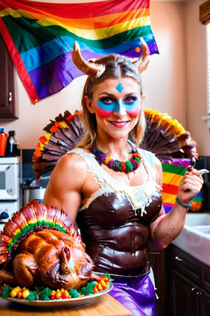 Epic, ultra realistic, photo of a sexy Viking woman showing a huge thanksgiving turkey, the turkey is made of cream and chocolate, in a cozy kitchen, an rainbow flag LGBTQ in the background ,aw0k euphoric style