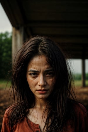 Best quality, analog, ultra-realistic, portrait of a woman, her face etched with exhaustion. Her hair is a tangled mess, her clothes are soaked with sweat, and there are dirt smudges on her face and hands. The woman's expression is one of utter defeat, she is finally at her breaking point, sharp focus, (PnMakeEnh),Realism,photorealistic