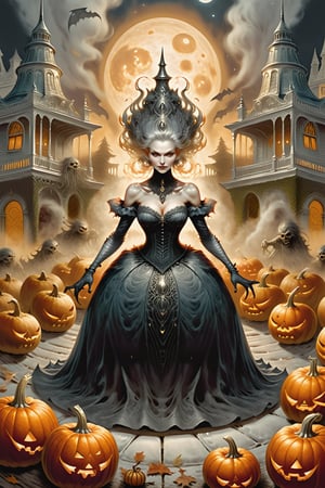 an old busty witch is cooking a Pumpkin monster in a mega huge pot, breaking ball, White House background, 
(((Luis Royo style illustration, detailed background, fairytale, color pencil drawing, mandala art)))