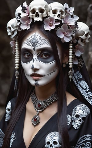 An ultra hd detailed,  stunning,  hyper realistic a black and white photo of a Japanese girl with sugar skulls on her face,  by Fabien Charuau,  tumblr,  gothic art,  mayan priestess,  reminded me of the grim reaper,  beautiful costume,  jewelry made of bones,  rick baker,  by joseph binder,  decayed,  intricate details. front on,  the oracle of the mayan elders,  great details,  style raw, ultra sharp focus,  hyperrealism,  photorealistic,sayaairie