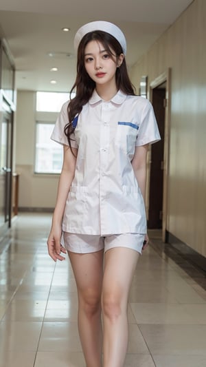 (photorealistic), 1girl, small breast, flat chest, sexy legs, hospital hallway, white uniform, Realism,NURSE UNIFORM NURSE CAP,Realism