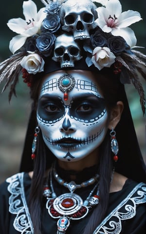 An ultra hd detailed,  stunning,  hyper realistic a black and white photo of a Japanese girl with sugar skulls on her face,  by Fabien Charuau,  tumblr,  gothic art,  mayan priestess,  reminded me of the grim reaper,  beautiful costume,  jewelry made of bones,  rick baker,  by joseph binder,  decayed,  intricate details. front on,  the oracle of the mayan elders,  great details,  style raw, ultra sharp focus,  hyperrealism,  photorealistic,sayaairie,DonMD3m0nXL ,h4l0w3n5l0w5tyl3M3rg34ll,hallow33n,monster,aw0k euphoric style