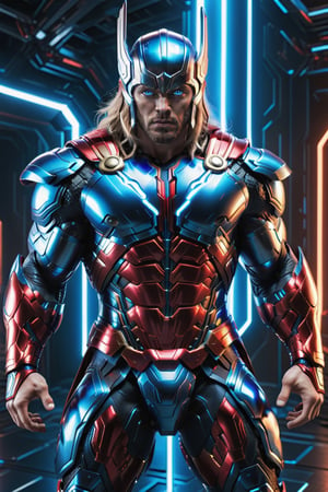 full body, facing the camera, hero pose, 3D rendering of [Thor], muscles, highly detailed blue eyes, highly detailed body with cybernetics and blue and red armor, action pose, dynamic shot, intricately detailed, hdr, 8k, subsurface scatter , specular lighting, high resolution, octane rendering, ray tracing, neon,