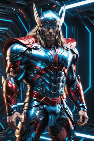 full body, facing the camera, hero pose, 3D rendering of [Thor], muscles, highly detailed blue eyes, highly detailed body with cybernetics and blue and red armor, action pose, dynamic shot, intricately detailed, hdr, 8k, subsurface scatter , specular lighting, high resolution, octane rendering, ray tracing, neon,