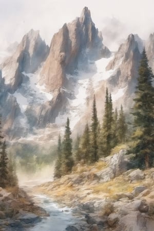 A detailed view of natural landscapes, capturing the grandeur of majestic mountains, ((Watercolor)), trending on artstation, sharp focus, studio photo, intricate details, highly detailed, by greg rutkowski
