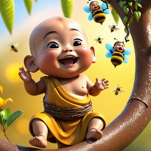 create photos with in sunndy village ,a young adorable and fat Thai monk baby climbing tree, bitting by bees. He is screaming and crying. His friends are laughing at him.  3D model.