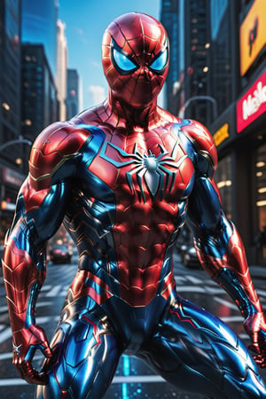 full body, facing the camera, hero pose, 3D rendering of [Spiderman], muscles, highly detailed blue eyes, highly detailed body with cybernetics and blue and red armor, action pose, dynamic shot, intricately detailed, hdr, 8k, subsurface scatter , specular lighting, high resolution, octane rendering, ray tracing, neon,