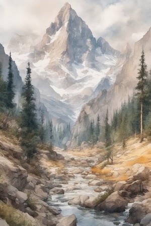 A detailed view of natural landscapes, capturing the grandeur of majestic mountains, ((Watercolor)), trending on artstation, sharp focus, studio photo, intricate details, highly detailed, by greg rutkowski