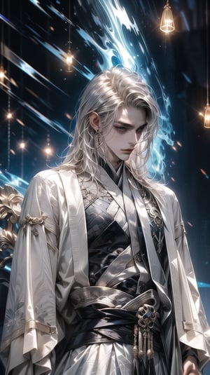 (extreamly delicate and beautiful:1.2), 8K, (tmasterpiece, best:1.0), , (LONG_silver_HAIR_MALE:1.5), Upper body body, a long_haired male, cool and seductive, evil_gaze, (wears white hanfu:1.2), and intricate detailing, and intricate detailing, finely eye and detailed face, Perfect eyes, Equal eyes, Fantastic lights and shadows、white room background、 Uses backlight and rim light