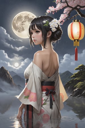 1girl, breasts, moon, lantern, night, solo, large breasts, hair ornament, wet, kimono, japanese clothes, wading, water, hair flower, flower, outdoors, sky, full moon, rain, black hair, off shoulder, mountain, cloud, holding, sash, bare shoulders, paper lantern, standing, white kimono, night sky, sideboob, obi, wet clothes, bangs, tree, from side, reflection, short hair, cloudy sky, wet hair