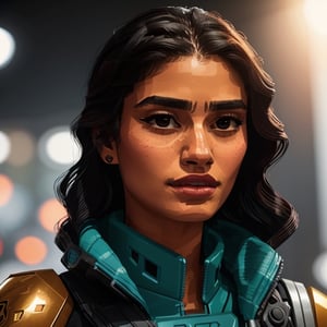 full format Destiny 2 portrait of Diane Guerrero, realistic skin, Meybis Ruiz Cruz, photorealistic, perfectly framed portrait, style features, backlighting, in the style of the cycle frontier, More Detail, photorealistic, 