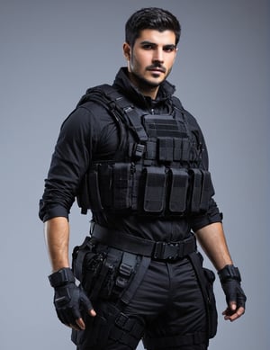 a studio photo of ÁLVARO MORATA as a Modern Warfare 2022 character, 

wearing tactical gear, ((black tactical vest)), (sci-fi shoulder and forearm armor ONLY on his left arm),

 standing in a dynamic yet relaxed pose, empty hands, no guns,

((framed full body)), 

blank grey background, lighting accentuates the textures and materials of the gear, showing off the interplay of matte and metallic surfaces, simple soft lighting, 

the camera Infront of subject,

in the style of, Miki Asai Macro photography, close-up, hyper detailed, trending on artstation, sharp focus, studio photo, intricate details, highly detailed, by greg rutkowski