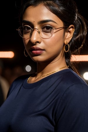 full format photo-realistic wide shot image of a Pakistani woman, Radhika Apte, Priyanka Chopra Jonas, short ponytail, wearing glasses, confident hype expression, wearing a navy blue ribbed T-shirt that is tight-fitting, a curvy figure, big nose,

standing in a crowd at a music festival, colorful party lights, night, candid photo, full body shot, ((wide shot)), low angle shot, 

small gold earings, dark skin, nice skin, natural skin texture, highly detailed 8k skin texture, 

detailed face, detailed nose, realism, realistic, raw, photorealistic, stunning realistic photograph, smooth, actress ,more detail 