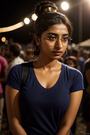 full format photo-realistic wide shot image of a Pakistani woman, Radhika Apte, Priyanka Chopra Jonas, short ponytail, wearing glasses, confident hype expression, wearing a navy blue ribbed T-shirt that is tight-fitting, a curvy figure, big nose,

standing in a crowd at a music festival, colorful party lights, night, candid photo, full body shot, ((wide shot)), low angle shot, 

small gold earings, dark skin, nice skin, natural skin texture, highly detailed 8k skin texture, 

detailed face, detailed nose, realism, realistic, raw, photorealistic, stunning realistic photograph, smooth, actress ,more detail , 