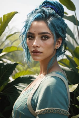 Light blue hair, fashion photography portrait of white girl with blue hair, in lush jungle with flowers, 3d render, cgi, symetrical, octane render, 35mm, bokeh, 9:16, (intricate details:1.12), hdr, (intricate details, hyperdetailed:1.15), (natural skin texture, hyperrealism, soft light, sharp:1.2), detailed, sunlight passing through foliage, india,panam palmer