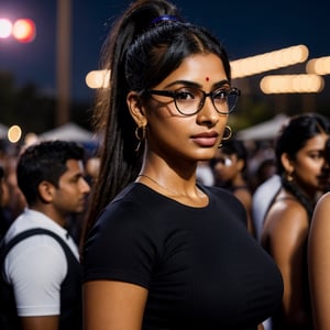 full format photo-realistic image of an Indian woman, black ponytail, She is wearing glasses, confident hype expression, wearing a navy blue ribbed T-shirt that is tight-fitting, a curvy figure, big nose,

standing in a crowd at a music festival, party lights, night, candid photo, full body shot, ((wide shot)), low angle shot, 

dark skin, nice skin, natural skin texture, highly detailed 8k skin texture, 

detailed face, detailed nose, realism, realistic, raw, photorealistic, stunning realistic photograph, smooth, actress 