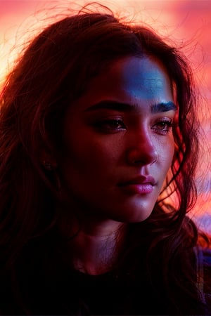 full format IMAX photo, Indigenous grown woman, calmly side-eyeing the viewer, a woman with masculine features, sharp high cheekbones, bony face, messy hair, long hair, upper body, sharp lips, tank top, strong jawline, sharp Middle Eastern Nose Shape, low eyelids, calm eyes, long eyelashes, neck muscles, full eyebrows, rugged girl, dark eyes, 


photorealistic, ,source_real