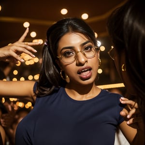 full format photo-realistic wide shot image of a Pakistani woman, Radhika Apte, Priyanka Chopra Jonas, short ponytail, wearing glasses, confident hype expression, wearing a navy blue ribbed T-shirt that is tight-fitting, a curvy figure, big nose,

standing in a crowd at a music festival, colorful party lights, night, candid photo, full body shot, ((wide shot)), low angle shot, 

small gold earings, dark skin, nice skin, natural skin texture, highly detailed 8k skin texture, 

detailed face, detailed nose, realism, realistic, raw, photorealistic, stunning realistic photograph, smooth, actress 