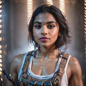 Full format imax movie still of Sobhita Dhulipala Zoe Kravitz, sci-fi PMC, solo, weapon, blurry, ((muscular body)}, realistic, full load bearing vest, ultra realistic detail, bokeh lights, dark room, intimate lighting, chest up, ((Close up Portrait)), In the style of Gareth Edwards, more detail XL,aesthetic portrait