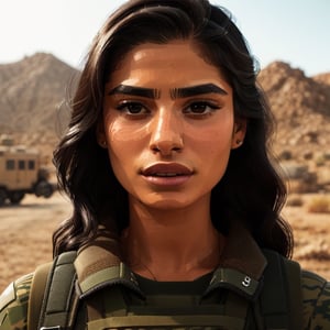 full format Modern Warfare portrait of Diane Guerrero, realistic skin, Meybis Ruiz Cruz, photorealistic, perfectly framed portrait, style features, backlighting, in the style of the cycle frontier, More Detail, photorealistic, 