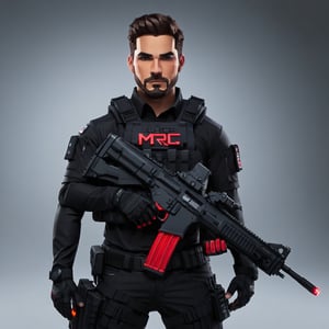 full format body portrait of captainsparklez, 

sharp stylized facial features, High-res hair strands, photorealistic skin texture, sharp 3D character sculpt, 

near future tactical operator, advanced tactical gear, black color scheme, one red robot arm, 

backlighting, 

in the style of the cycle frontier, MRC, MeybisRuizCruz, Meybis Ruiz Cruz,tacticalgear,tactical gear