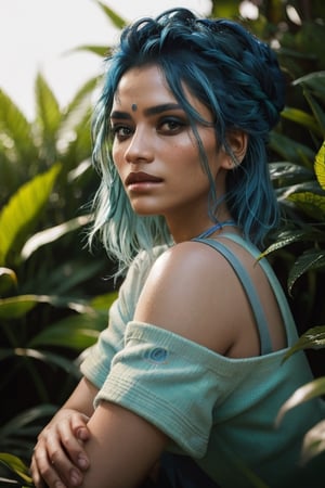 Light blue hair, fashion photography portrait of indian girl with blue hair, in lush jungle with flowers, 3d render, cgi, symetrical, octane render, 35mm, bokeh, 9:16, (intricate details:1.12), hdr, (intricate details, hyperdetailed:1.15), (natural skin texture, hyperrealism, soft light, sharp:1.2), detailed, sunlight passing through foliage, india,panam palmer