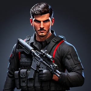 full format body portrait of ÁLVARO MORATA, 

sharp stylized facial features, High-res hair strands, photorealistic skin texture, sharp 3D character sculpt, 

tactical operator, tactical gear, black color scheme, one red arm, 

backlighting, 

in the style of the cycle frontier, MRC, MeybisRuizCruz, Meybis Ruiz Cruz,tacticalgear,tactical gear