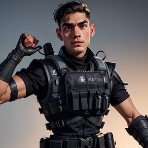 a studio photo of ((ÁLVARO MORATA)) as a Modern Warfare 2022 character, 1guy, male, 

wearing tactical gear, ((black tactical vest)), (sci-fi shoulder and forearm armor ONLY on his left arm),

 standing in a dynamic yet relaxed pose, empty hands, no guns,

blank grey background, lighting accentuates the textures and materials of the gear, showing off the interplay of matte and metallic surfaces, simple soft lighting, 

the camera Infront of subject,

in the style of, Miki Asai Macro photography, close-up, hyper detailed, trending on artstation, sharp focus, studio photo, intricate details, highly detailed, by greg rutkowski,MRC,Meybis Ruiz Cruz,Masterpiece