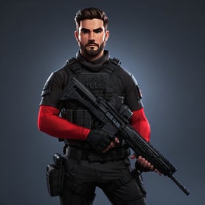 full format body portrait of captainsparklez, 

sharp stylized facial features, High-res hair strands, photorealistic skin texture, sharp 3D character sculpt, 

near future tactical operator, advanced tactical gear, black color scheme, minimal red colors, one red arm, 

backlighting, (((((head-to-toe view of character))))), 

in the style of the cycle frontier, MRC, MeybisRuizCruz, Meybis Ruiz Cruz,tacticalgear,tactical gear