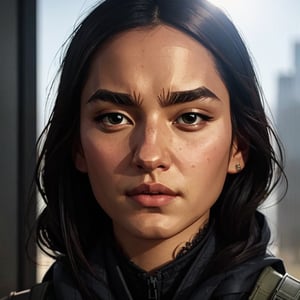 full format portrait of Modern Warfare, realistic skin, Meybis Ruiz Cruz, photorealistic, perfectly framed portrait, style features, backlighting, in the style of the cycle frontier, SAM YANG, More Detail, photorealistic, 3DMM, 