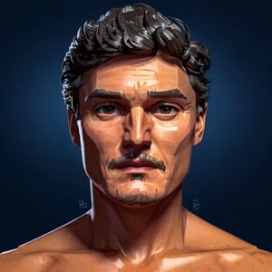 full format portrait of Pedro Pascal, style features, sharp 3D character sculpt, 

photorealistic skin texture, 

backlighting, 

in the style of the cycle frontier, MRC, MeybisRuizCruz, Meybis Ruiz Cruz