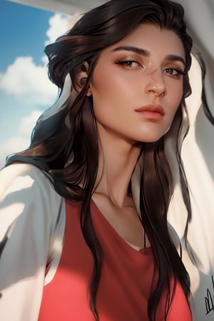 full format IMAX photo, Albanian grown woman, calmly side-eyeing the viewer, a woman with masculine features, sharp high cheekbones, bony face, messy hair, long hair, upper body, sharp lips, tank top, strong jawline, low eyelids, calm eyes, long eyelashes, neck muscles, full eyebrows, rugged girl, dark eyes, 

outdoors, 

photorealistic, 