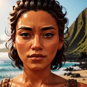 full format portrait of Maui, realistic skin, Meybis Ruiz Cruz, photorealistic, perfectly framed portrait, style features, backlighting, in the style of the cycle frontier, SAM YANG, More Detail, photorealistic, 3DMM, SimplyPaint